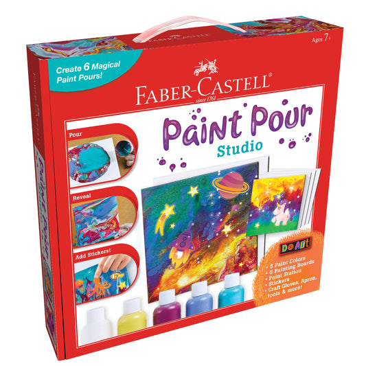 Faber-Castell Paint Pour Studio kit box showing colorful paint pour artwork samples, paint bottles, painting boards, and stickers included