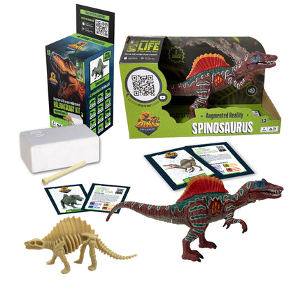 Dino Explorers AR dinosaur set with Spinosaurus sound figure, paleontology kit with fossil excavation block, brush tool, QR code cards, instruction cards, and t