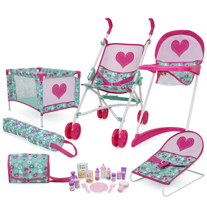 509 Crew Mint Heart Bouncer Doll Play Set with stroller, playpen, and accessories