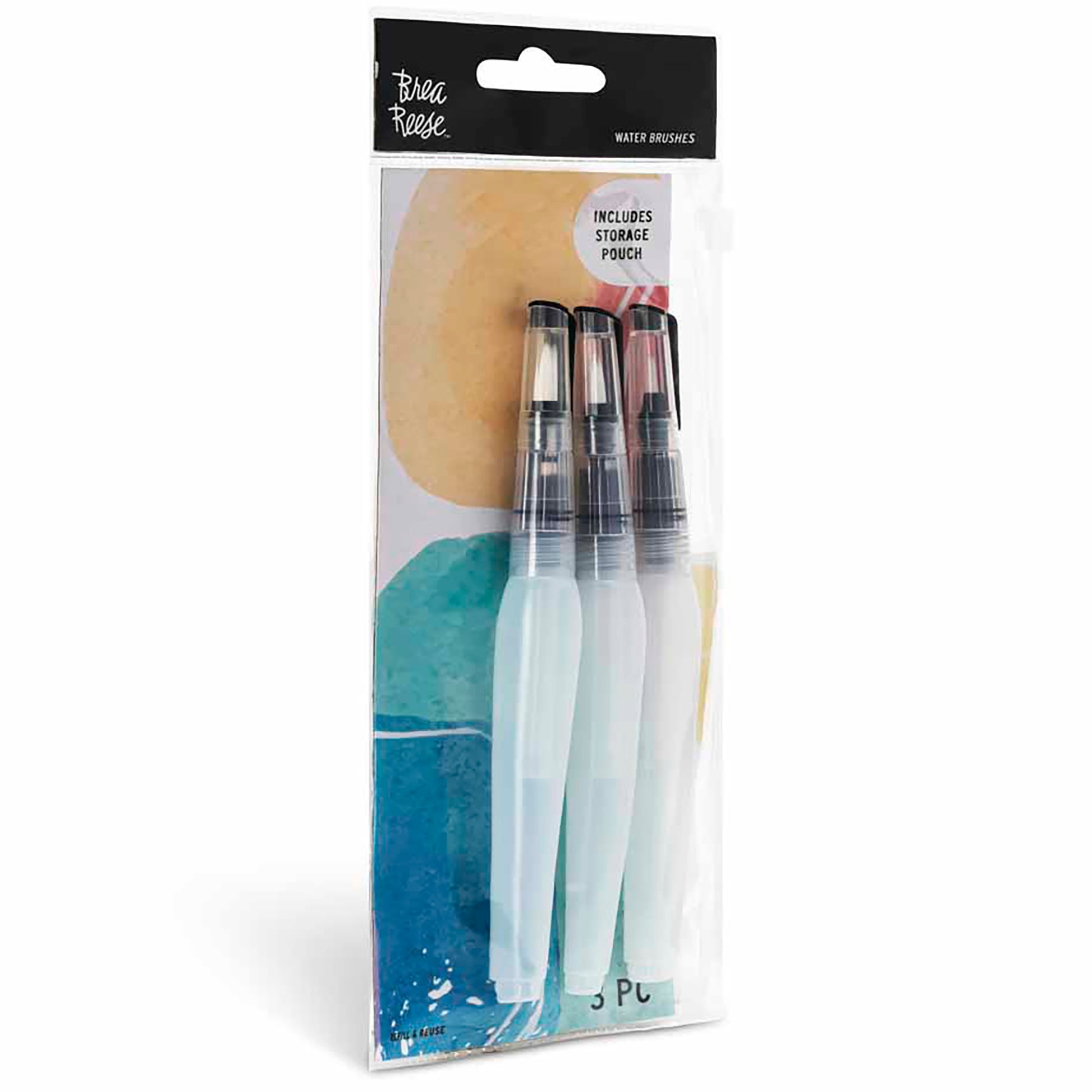 Raea Reese Water Brushes 3-piece set with storage pouch, featuring clear handles and black tips