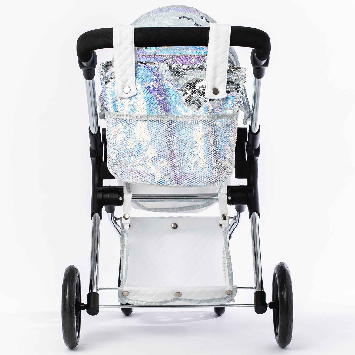 Roma Polly Doll Pram in silver with mermaid sequin design and black handles
