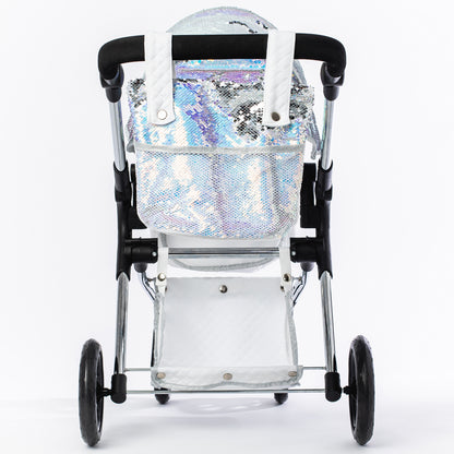 Roma Polly Doll Pram in silver with mermaid sequin design and black handles