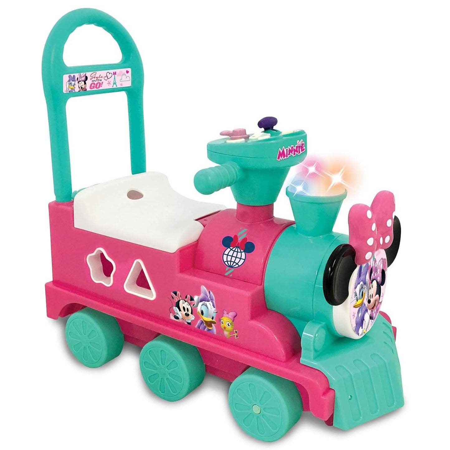 Pink and turquoise Minnie Mouse ride-on train with play seat, steering wheel, spinning gears, and light-up chimney stack