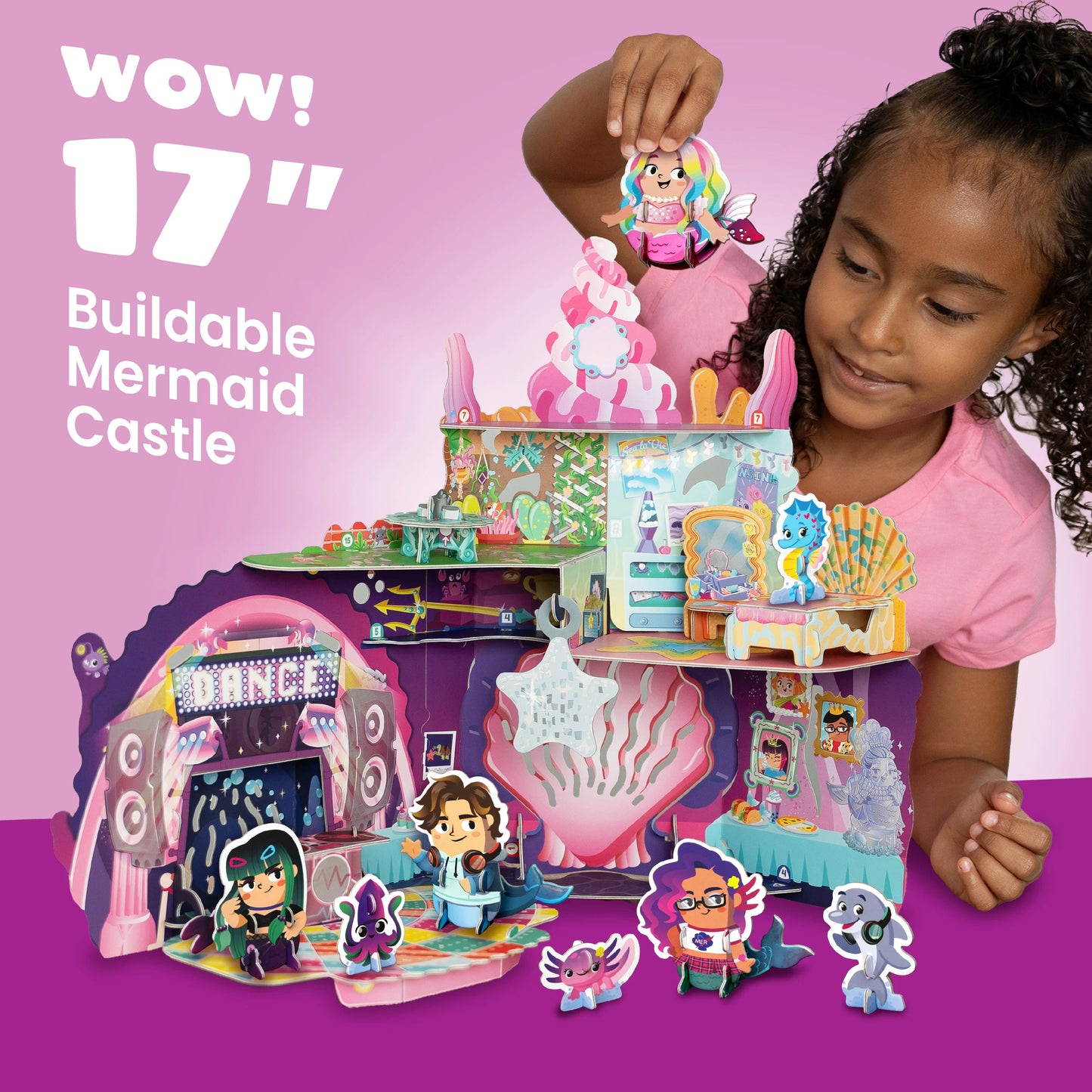 Coral Castle Majestic Mermaids 17-inch buildable playset with pink castle, mermaid figures, and accessories