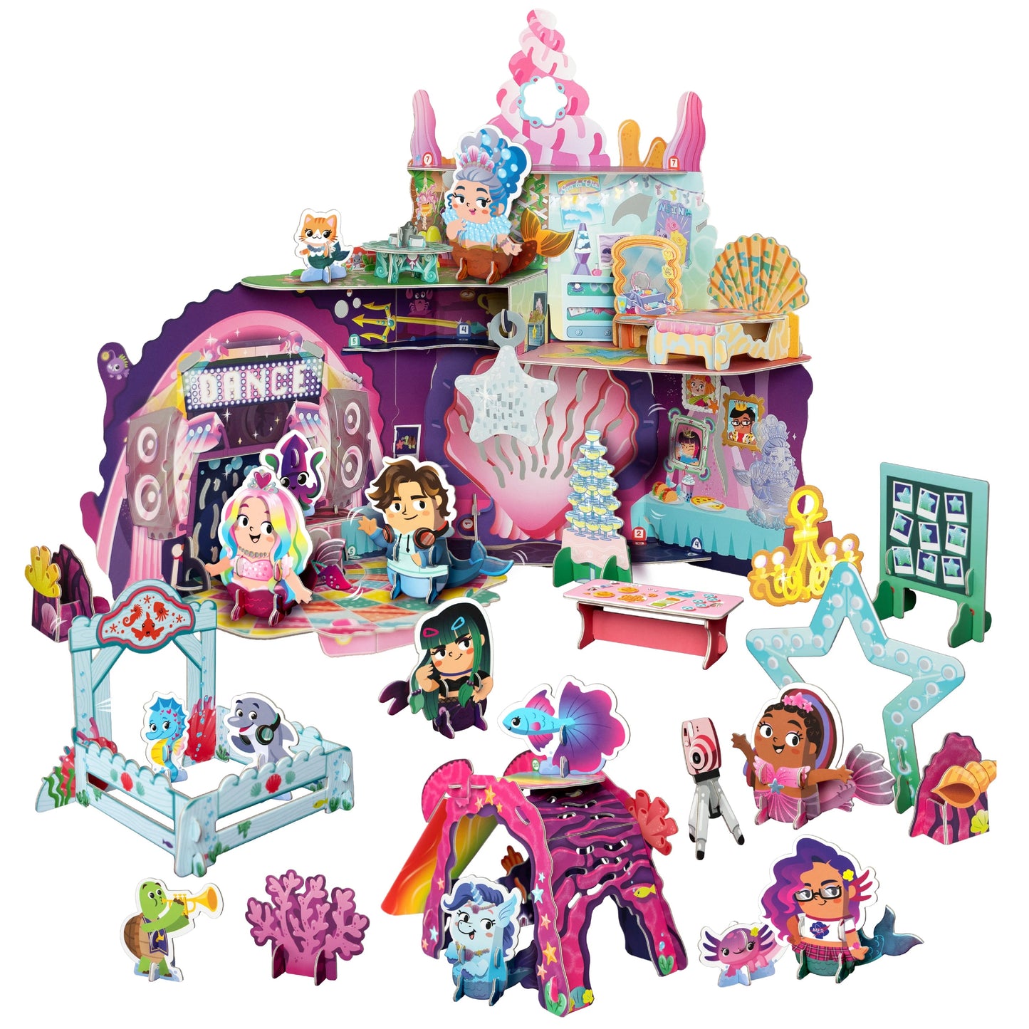Coral Castle Majesick Mermaids Buildable Playset with pink castle, mermaid figures, and colorful accessories