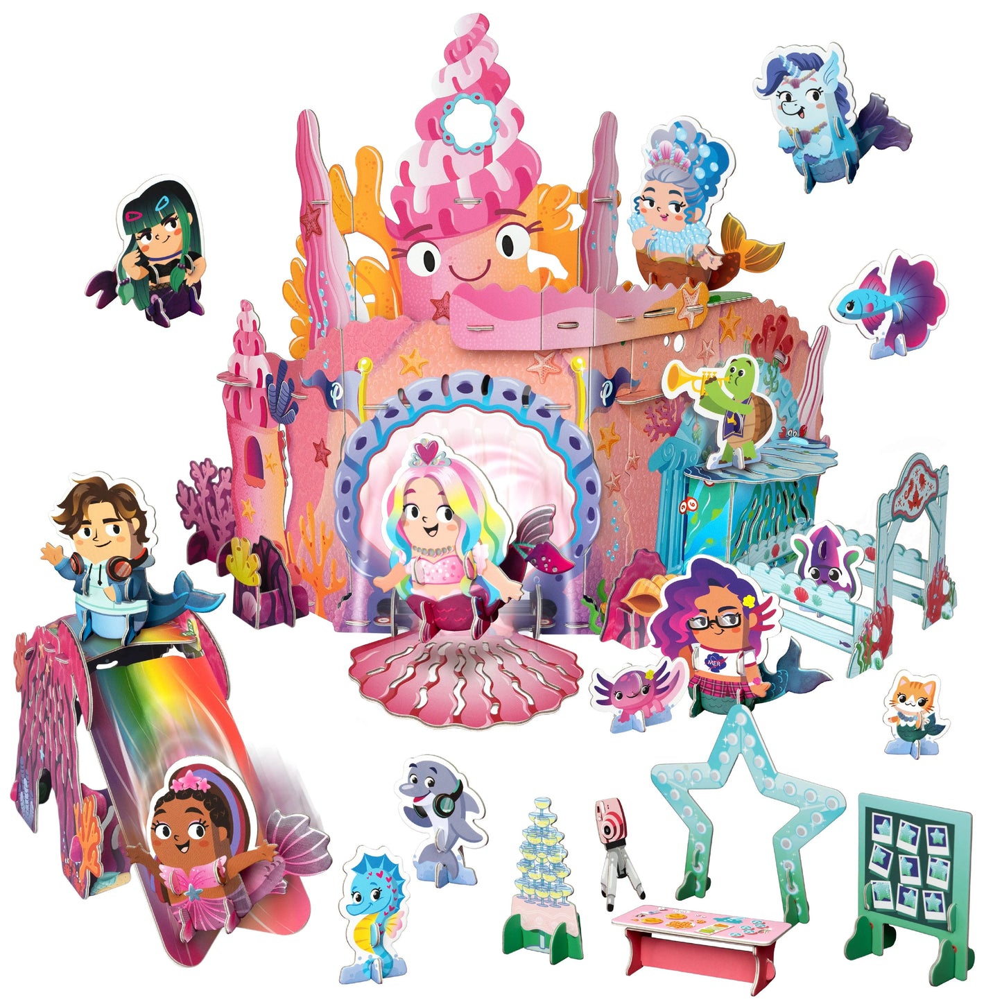 Coral Castle Majestic Mermaids Buildable Playset with pink castle, mermaid figures, and accessories