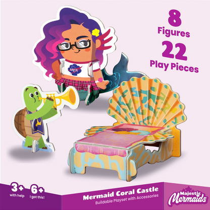 Majestic Mermaids Coral Castle Buildable Playset with mermaid figure, turtle character, and colorful coral castle pieces