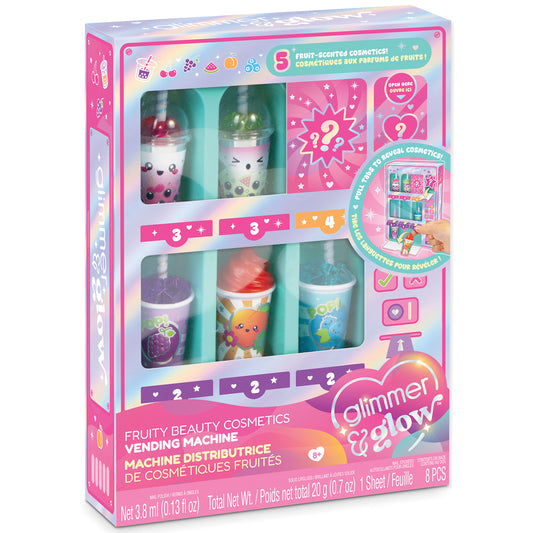 Glimmer & Glow Fruity Beauty Cosmetics Vending Machine with 5 fruit-scented lip glosses and nail polish