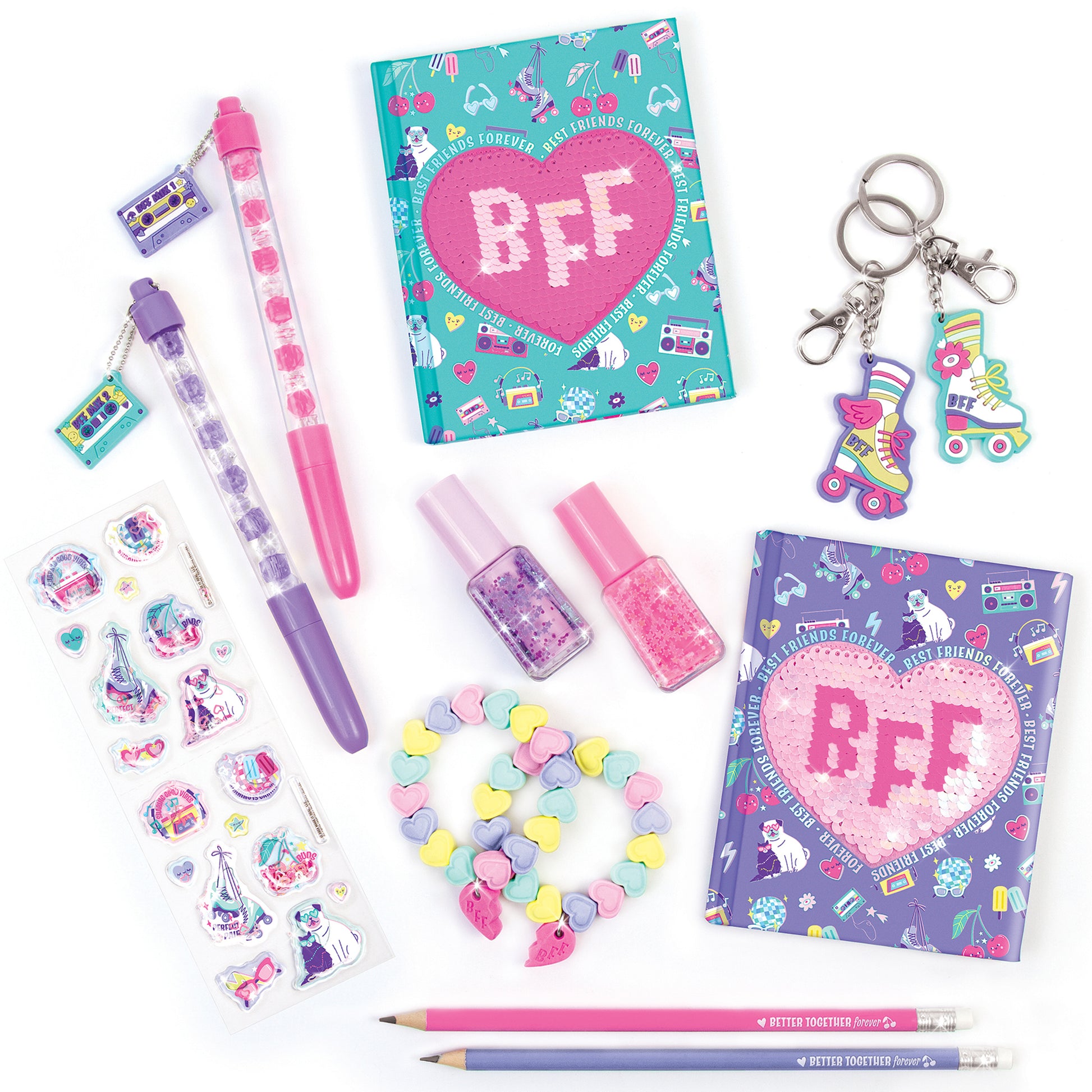 3C4G Besties Forever Stationery Set with pink and purple accessories, notebooks, pens, and keychains