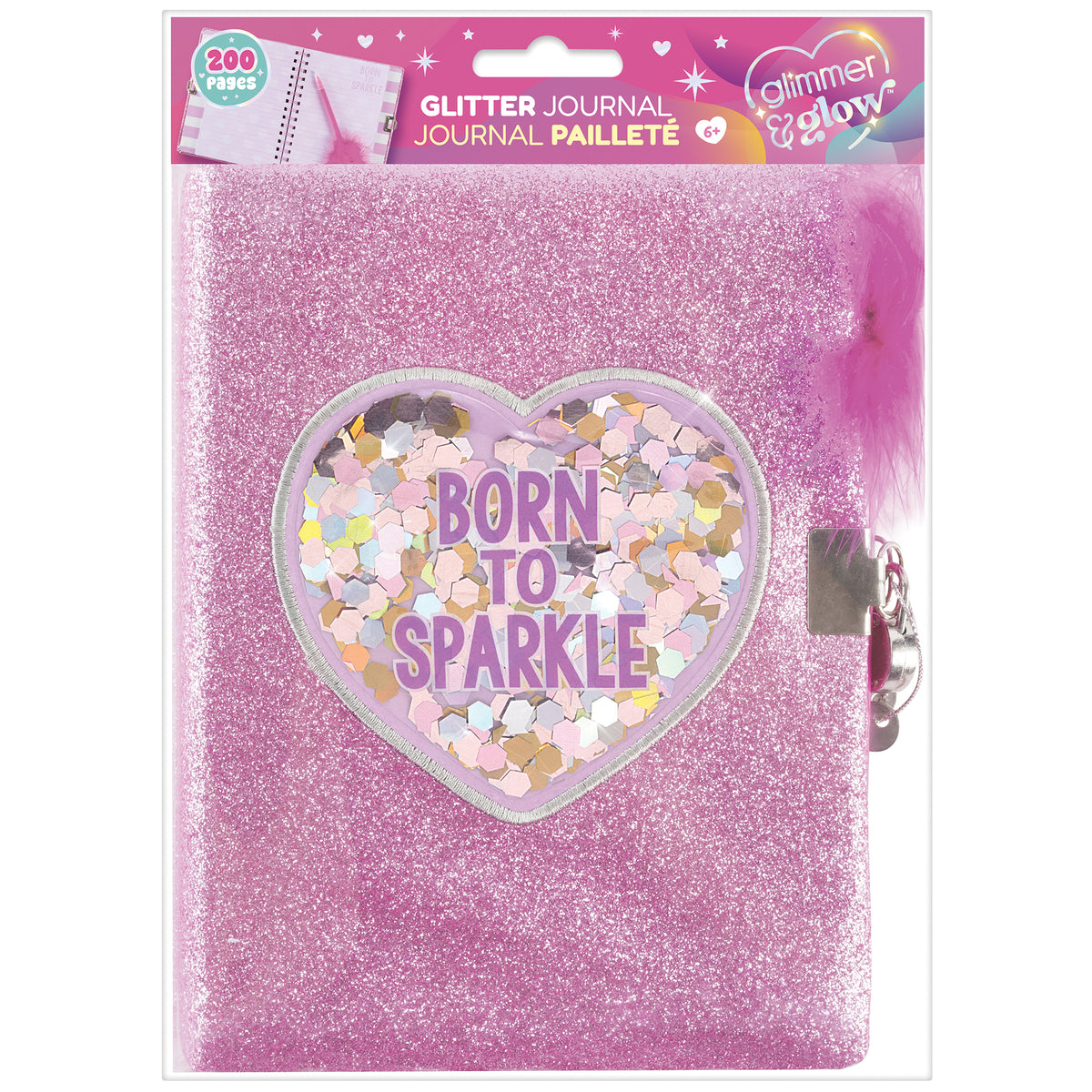 Glimmer & Glow Born To Sparkle pink glitter locking journal with heart shaker window