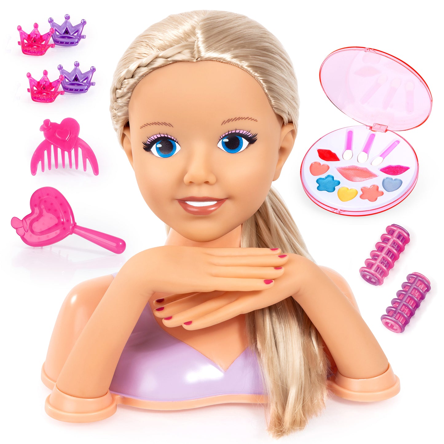 Styling head doll with blonde hair and blue eyes, shown with pink and purple crown accessories, hair comb, heart-shaped mirror compact with colorful makeup appl