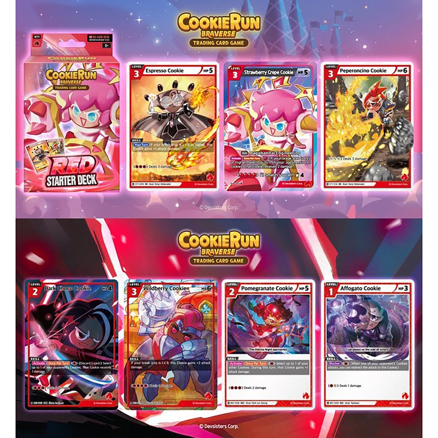 CookieRun Braverse Trading Card Game Red Starter Deck with 60-card set and character cards including Espresso Cookie ...