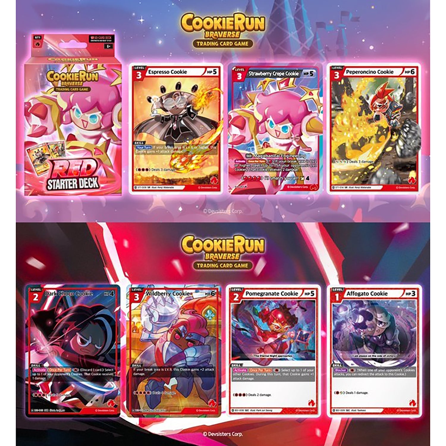 CookieRun Braverse Trading Card Game Red Starter Deck with 60-card set and character cards including Espresso Cookie ...