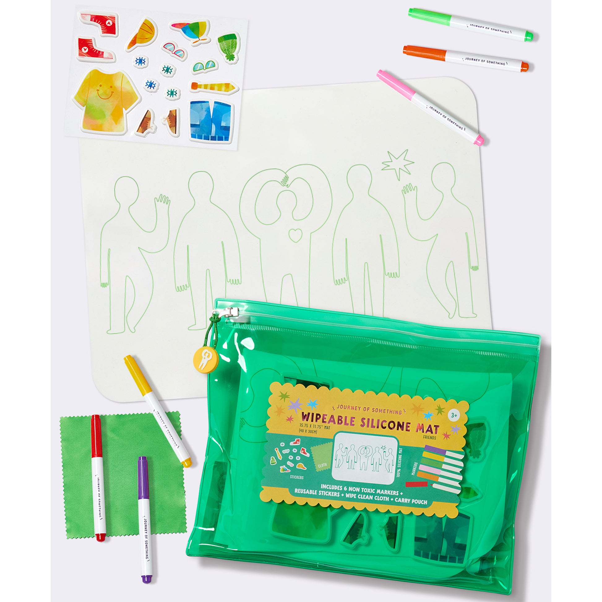 JOS Wipeable Silicone Mat Friends with green carry pouch, markers, and stickers