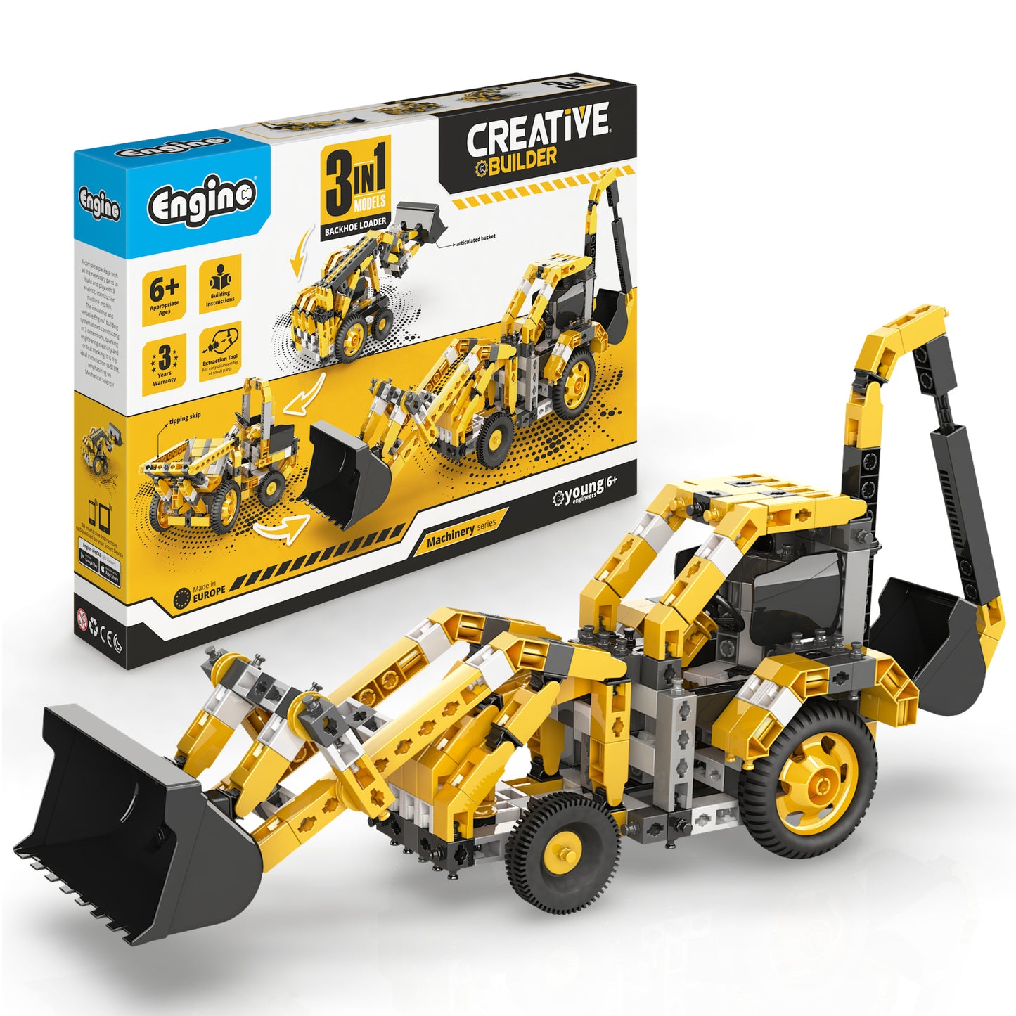 Engino Machinery Series 3-in-1 Backhoe Loader Creative Builder Set with yellow and black construction vehicle models and original packaging box