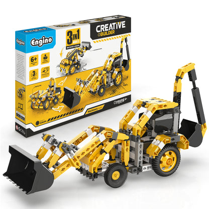 Engino Machinery Series 3-in-1 Backhoe Loader Creative Builder Set with yellow and black construction vehicle models and original packaging box