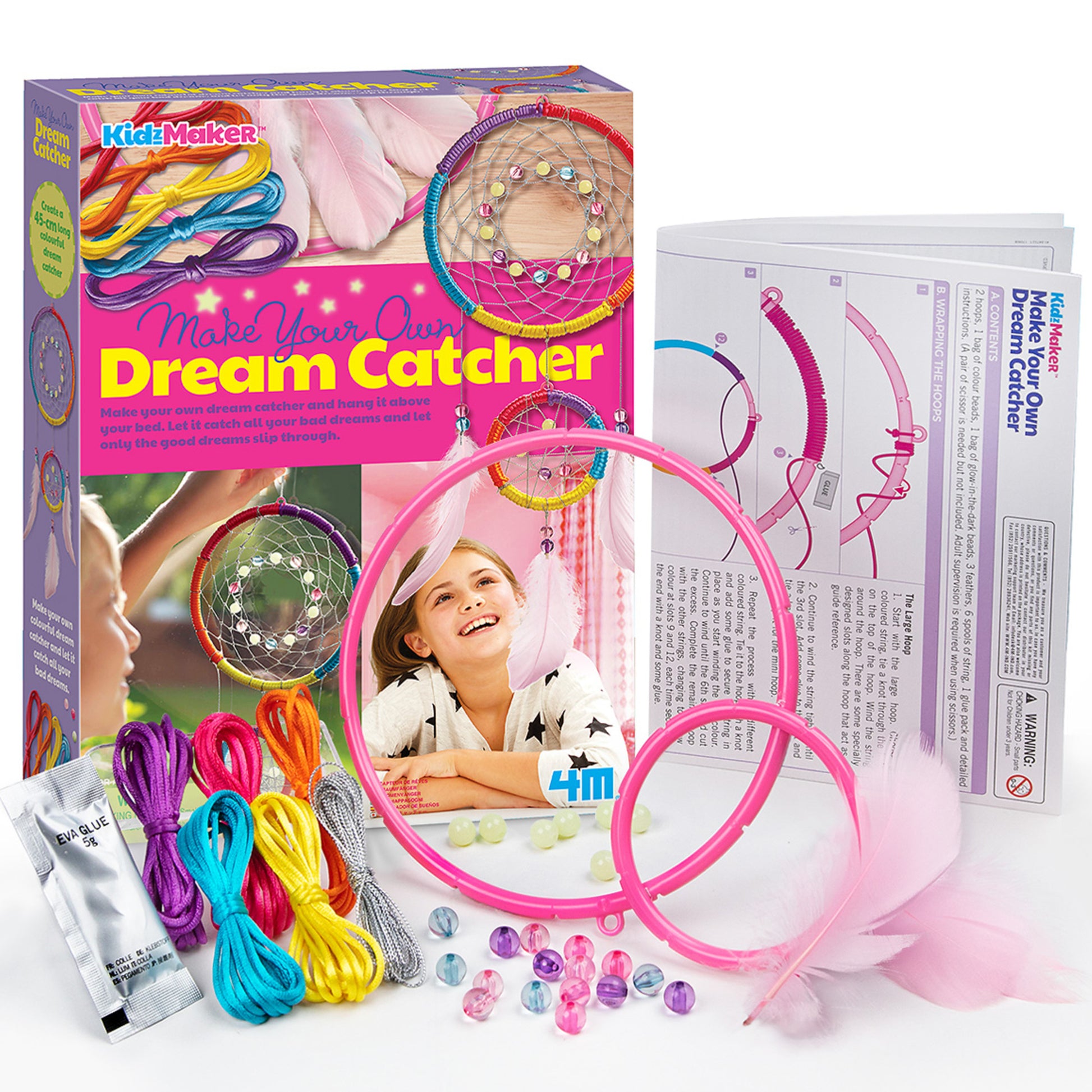 4M KidzMaker Make Your Own Dream Catcher DIY craft kit with pink hoops, colorful strings, and beads