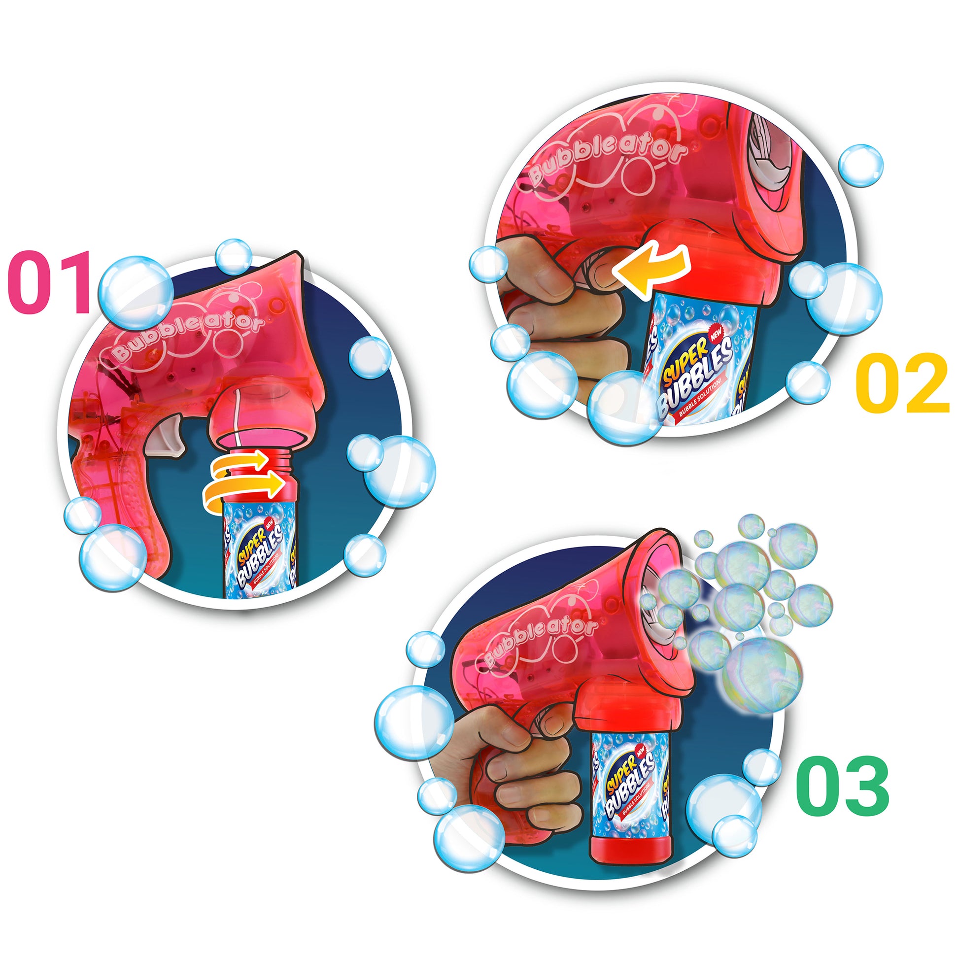 Bubble-ator red bubble blower toy with three usage steps shown