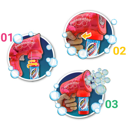 Bubble-ator red bubble blower toy with three usage steps shown
