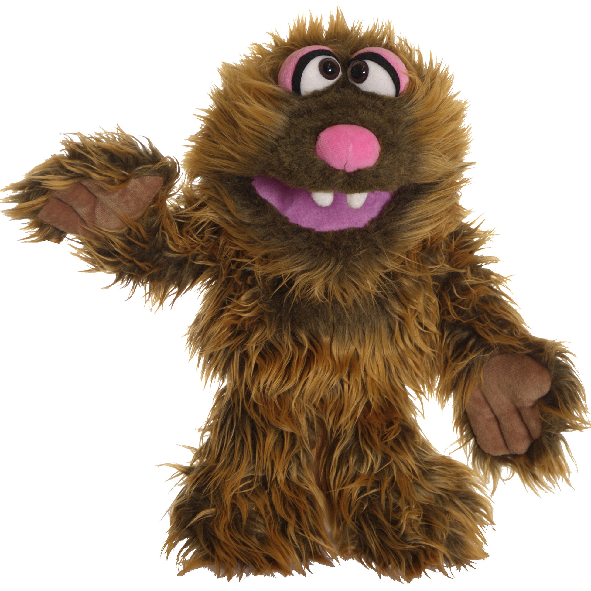 Brown furry hand puppet with pink nose, mouth, and ear accents, wide eyes with pink eye patches, and articulated hands raised in friendly pose