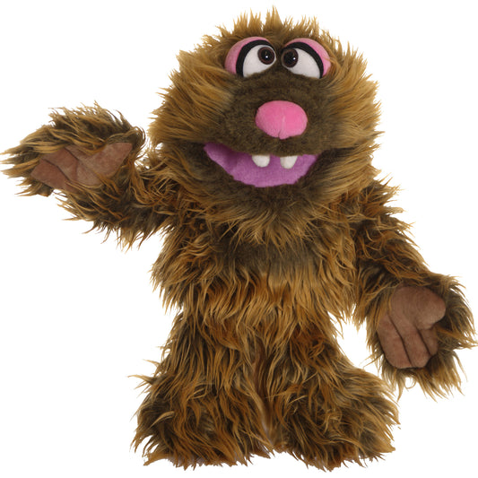 Brown furry hand puppet with pink nose, mouth, and ear accents, wide eyes with pink eye patches, and articulated hands raised in friendly pose