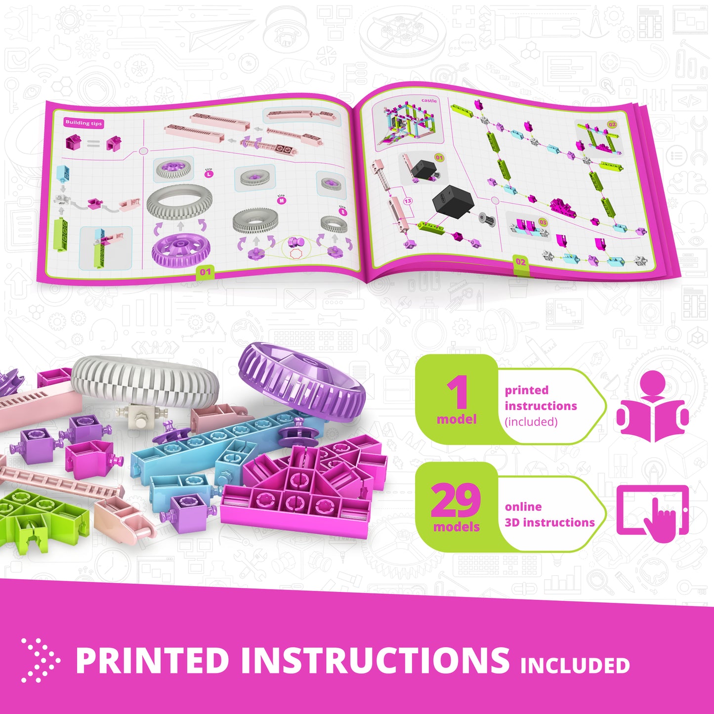 Engino Creative Builder 30-in-1 motorized STEM construction set with pink, purple, and green building blocks