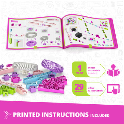 Engino Creative Builder 30-in-1 motorized STEM construction set with pink, purple, and green building blocks