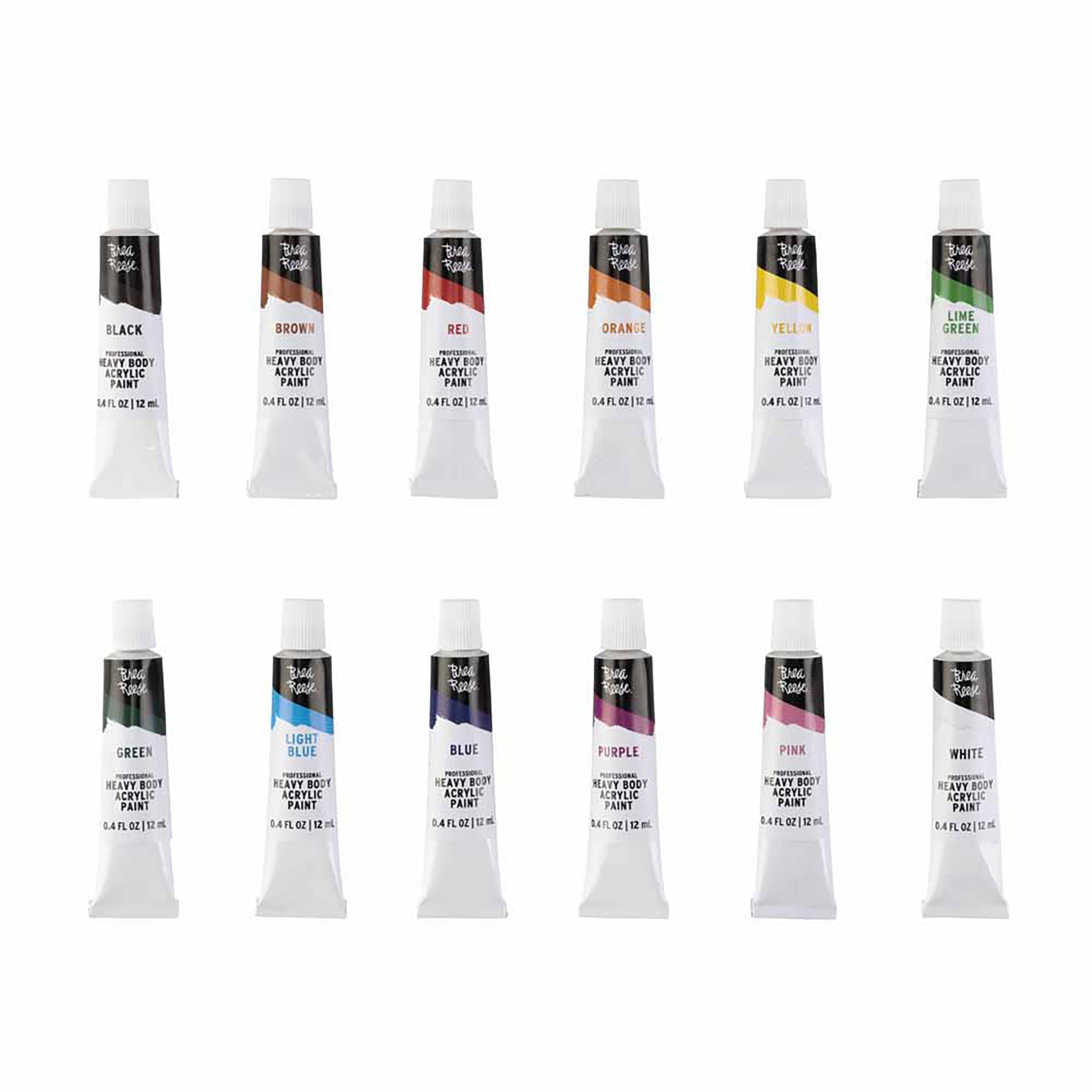 Professional Heavy Body Acrylics 12-color set with black, brown, red, orange, yellow, lime green, green, light blue, ...