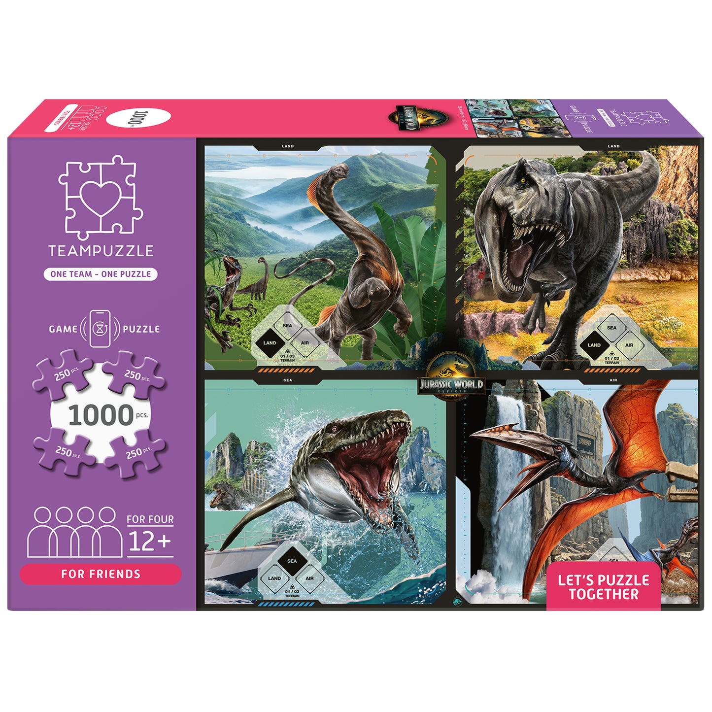 TEAMPUZZLE Jurassic World Rebirth 1000pc puzzle with 4 dinosaur-themed jigsaw sections