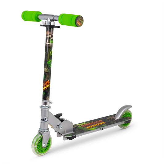 Ozbozz Dinosaur Flashing Scooter with bright green wheels and handlebar grips, black deck with dinosaur graphics, and light-up wheels