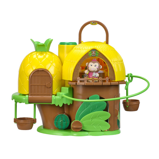 Timber Tots Tropical House Playset with yellow pineapple house, brown treehouse structure, green vines with hanging baskets, included monkey character figure, a