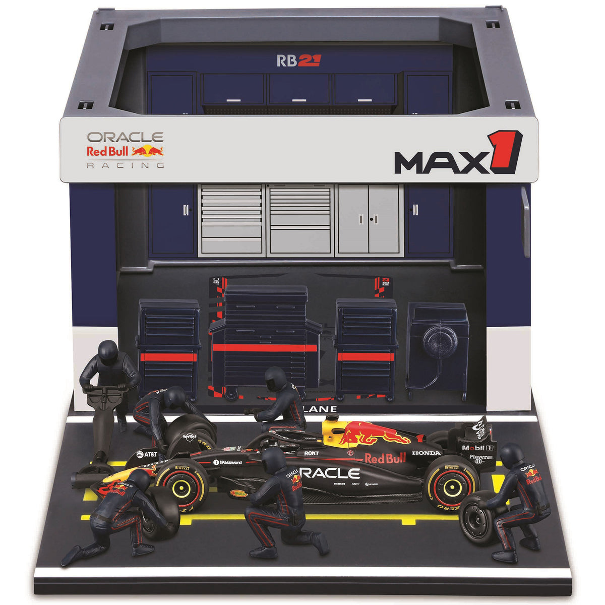 Bburago Red Bull RB21 Pit Pass Playset with 1:43 scale die-cast car, pit garage, and crew figures