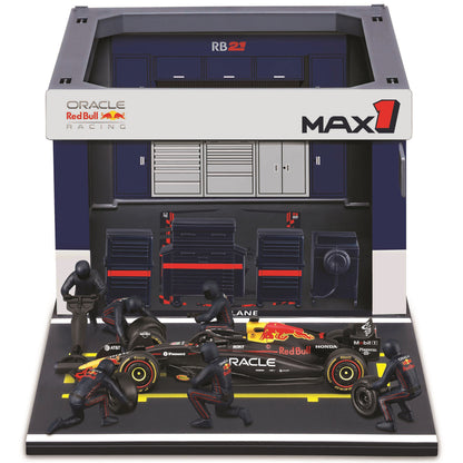 Bburago Red Bull RB21 Pit Pass Playset with 1:43 scale die-cast car, pit garage, and crew figures