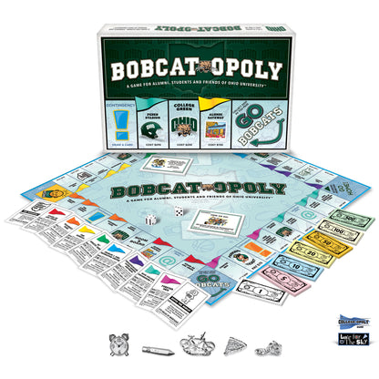 Bobcat-Opoly Ohio University board game with game board, colorful money, dice, and player tokens displayed