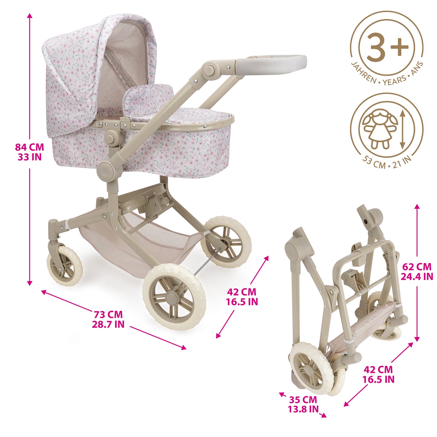 509 Crew Little Flora City Park 2-in-1 pink floral doll pram stroller for kids 3+