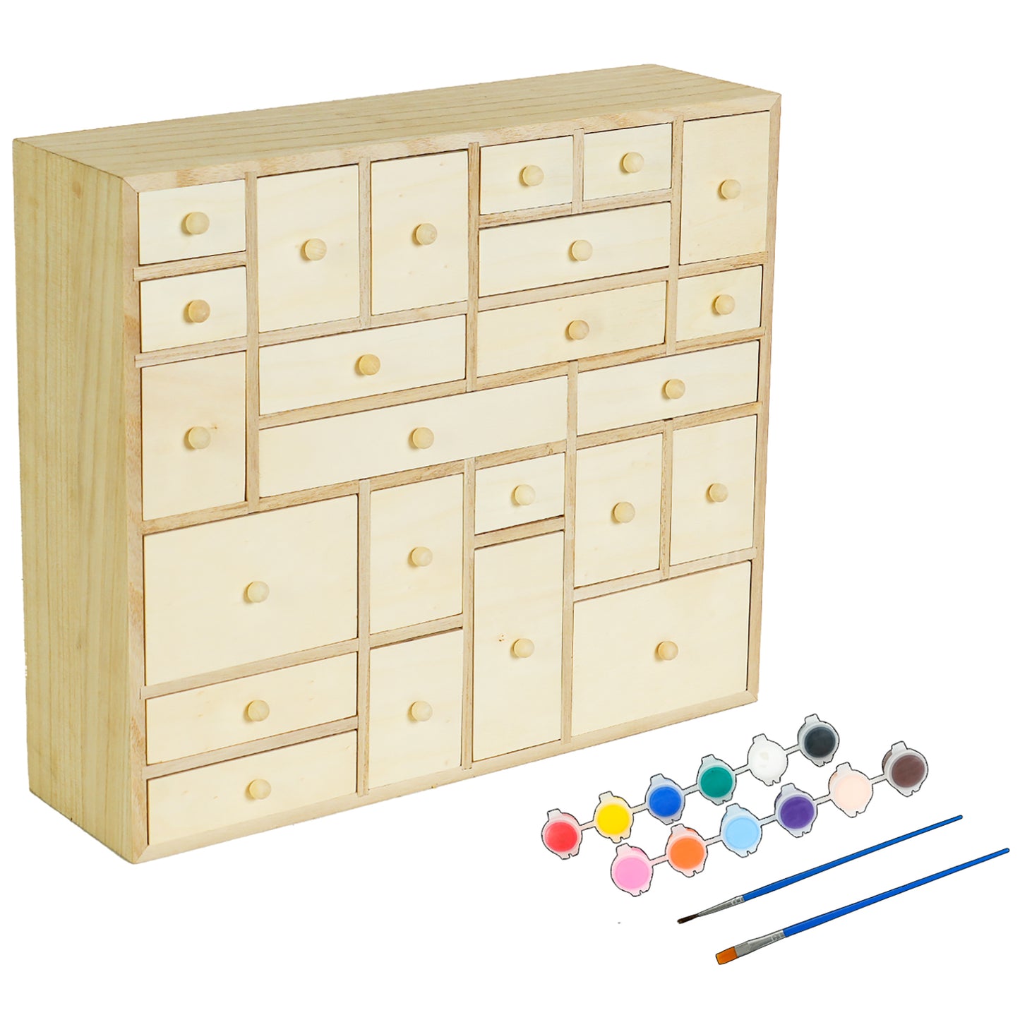 Wooden Advent Calendar with 24 drawers, paint set and brushes included