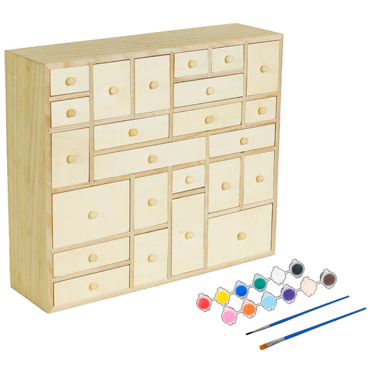 Wooden Advent Calendar with 24 drawers, paint set and brushes included