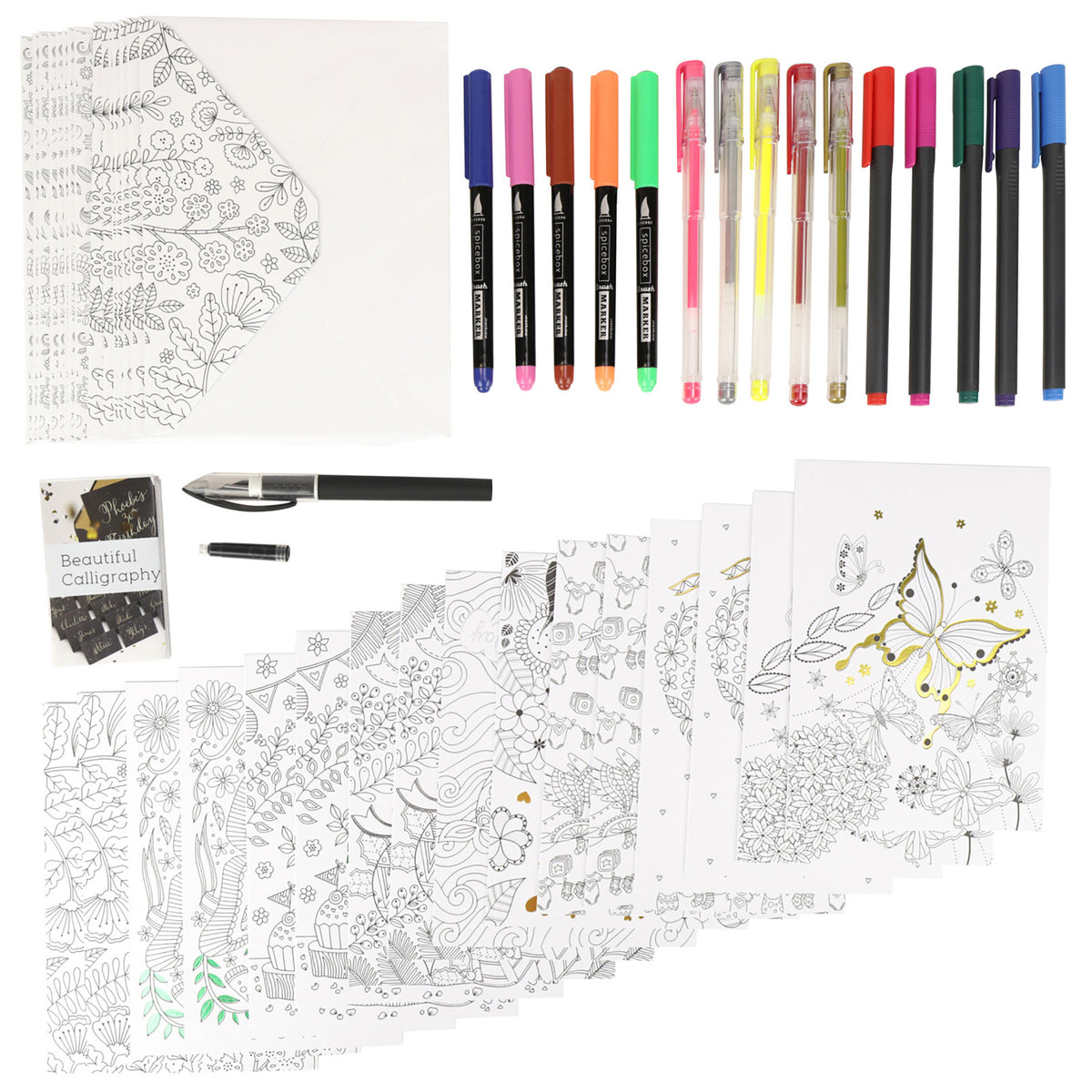 SpiceBox Sketch Plus Color & Gift Card Making Kit with 16 illustrated cards, colorful markers, gel pens, and calligra...