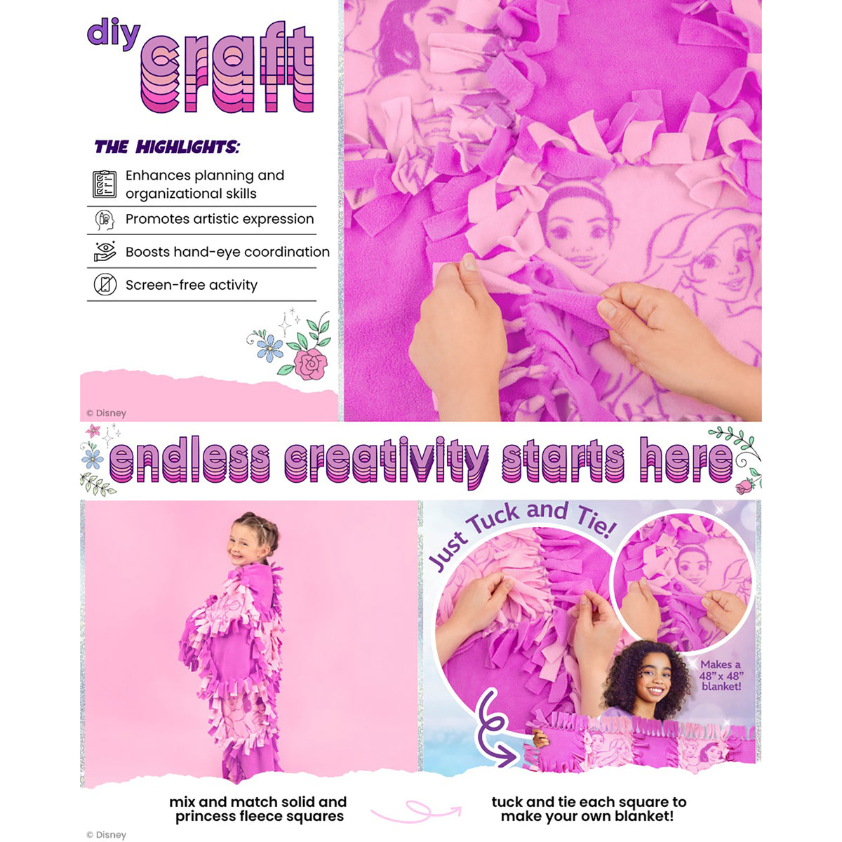 Disney Princess No-Sew Blanket Kit in pink with fleece squares and tuck-and-tie instructions