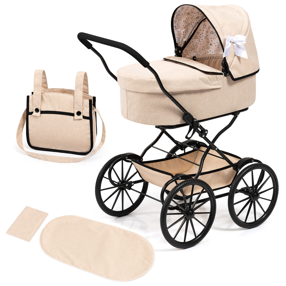 Bayer Design Classic Beige Doll Pram with Black Frame and Accessories