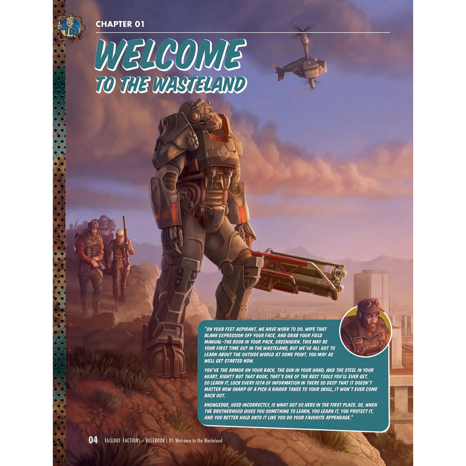 Fallout: Factions Core Rulebook Chapter 01 cover featuring power-armored soldier in wasteland