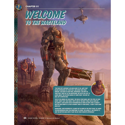 Fallout: Factions Core Rulebook Chapter 01 cover featuring power-armored soldier in wasteland