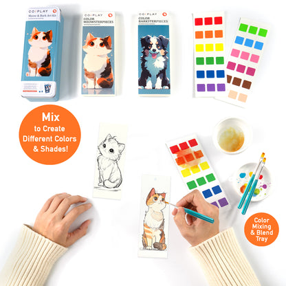 COIPLAY Meow & Bark Watercolor Art Kit with cat and dog designs, color palette, and mixing tray