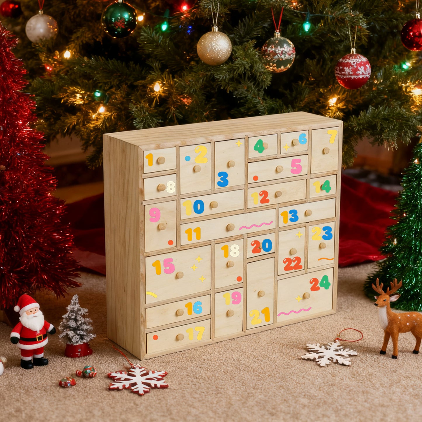 Wooden Advent Calendar with 24 drawers, colorful numbers, and wooden knobs