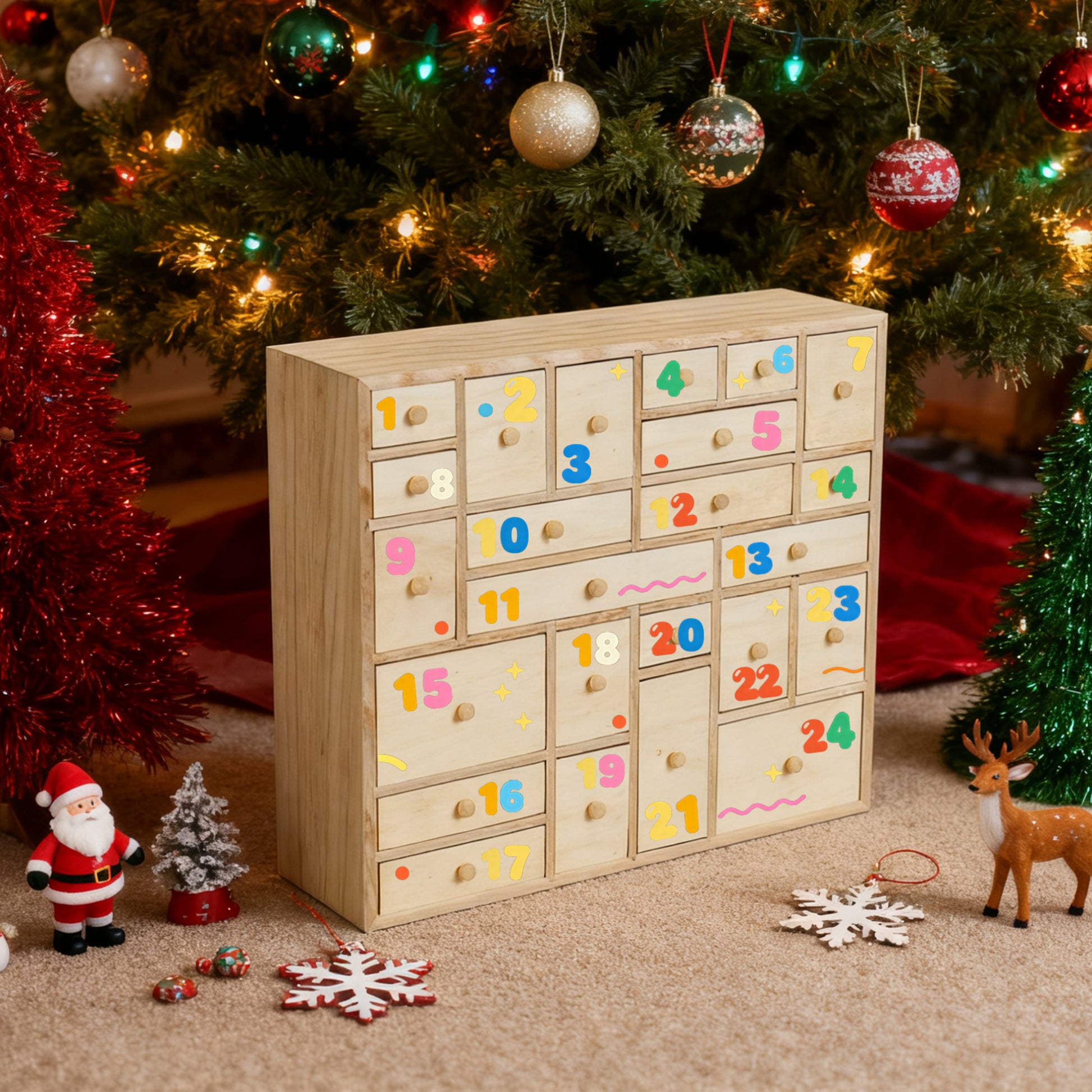 Wooden Advent Calendar with 24 drawers, colorful numbers, and wooden knobs