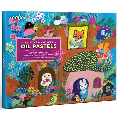 eeBoo oil pastels set box featuring 86 vivid colors, artist quality, non-toxic professional-grade pastels with whimsical illustrated cover showing animals in co