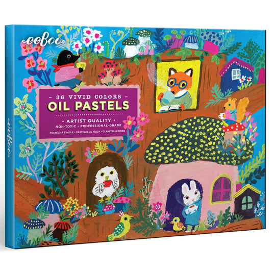 eeBoo oil pastels set box featuring 86 vivid colors, artist quality, non-toxic professional-grade pastels with whimsical illustrated cover showing animals in co
