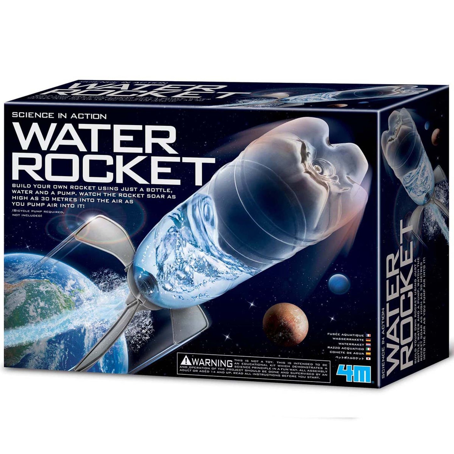 4M Water Rocket kit box showing blue and white bottle rocket launcher with Earth background