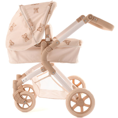 Roma Teddy Single Doll Pram in beige with teddy bear design and orange wheels