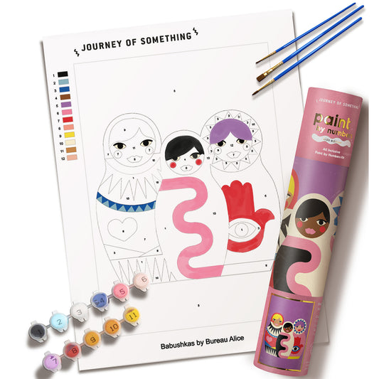 JOS Paint By Numbers Babushkas kit with numbered color guide, brushes, and paint palette